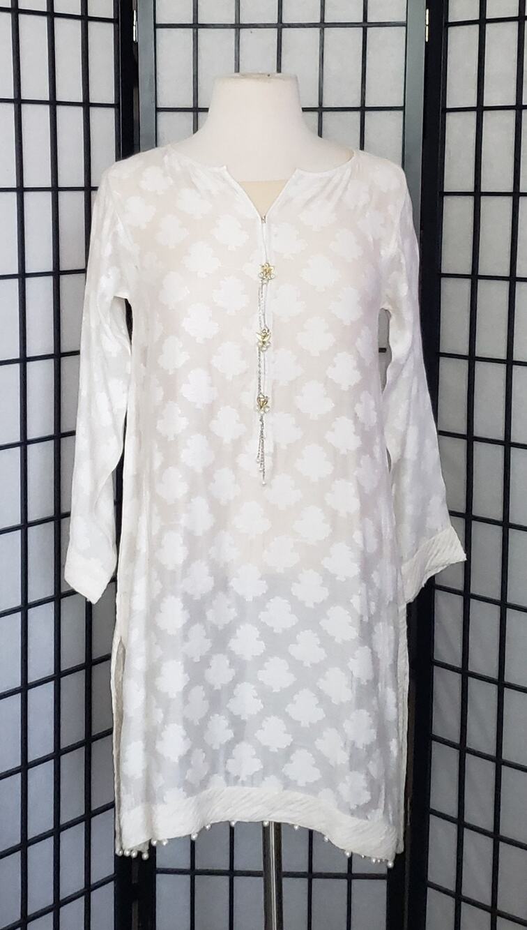 Khaadi Khaas Kurti Tunic Sz 12 Ivory Jacquard Pearl Chain Embellished Boho India
